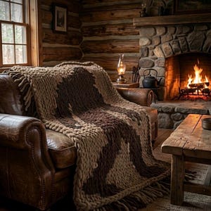 May include: A cozy brown leather sofa draped with a chunky knit blanket. The blanket features a geometric pattern in shades of brown and tan. A lit fireplace and wooden accents create a warm, inviting living room setting.