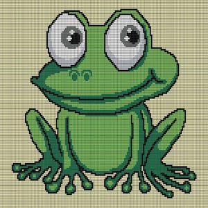 May include: A green cartoon frog with large, white eyes and a wide smile. The frog is sitting on a beige background.
