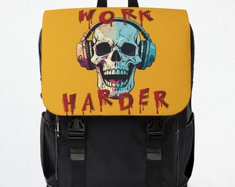 Work Harder Musical Skull Mini Canvas School Backpack, Weekend And Day Travel Laptop Backpack, Grocery Shopping Bag