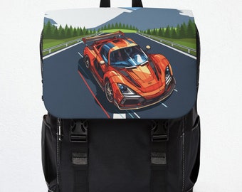Red Race Car Small Canvas Backpack For Car Lovers And Little Mechanics, Weekender Bag, Laptop Carry-On Bag