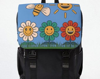 Colourful Summer Flowers and Bee Mini Canvas Backpack For Back To School Bag, Camera Bag For Photographers, Laptop Carry-On Bag