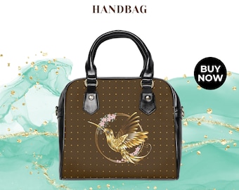 Golden Hummingbird Small Luxury Vegan Leather Shoulder Hand Bag - Chic Designer PU Faux Leather Handbag For Girlfriend