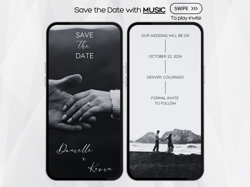 Puede incluir: Una pantalla de tel&eacute;fono m&oacute;vil en blanco y negro que muestra un anuncio de guardar la fecha para una boda. El anuncio incluye los nombres de la pareja, Danielle y Kevin, la fecha 22 de octubre de 2024 y la ubicaci&oacute;n Denver, Colorado. El texto "Save the Date with Music" est&aacute; en la parte superior de la pantalla.