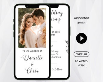 Könnte beinhalten: Ein Handy-Bildschirm zeigt eine Hochzeitseinladung mit einem Foto eines Paares, dem Text "To the wedding of Danielle & Chris" und dem Datum "July 21, 2024". Der Bildschirm zeigt auch den Text "Animated Invite" und einen Play-Button.