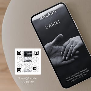 May include: A black and white wedding invitation with a QR code. The invitation features a photo of two hands clasped together. The text on the invitation reads "Melanie & Daniel" and "Together with our parents we warmly invite you to our wedding & reception".