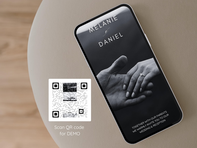 May include: A black and white wedding invitation with a QR code. The invitation features a photo of two hands clasped together. The text on the invitation reads "Melanie & Daniel" and "Together with our parents we warmly invite you to our wedding & reception".