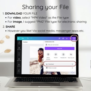 May include: A laptop computer screen displaying a website with a purple and white design. The website has a section titled "Collaboration link" with a text box and a button that says "Copy link". Below the text box are five buttons with icons representing different types of links. The website also has a button that says "Download" and a button that says "Share on social".