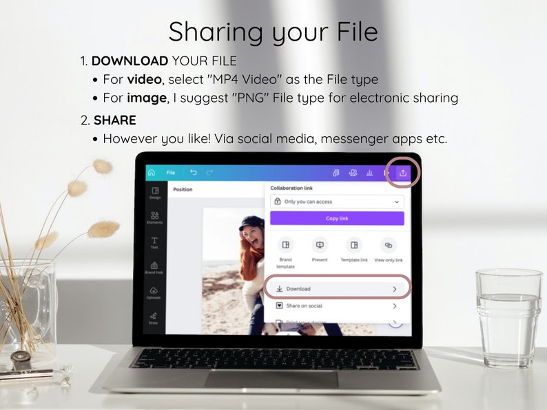 May include: A laptop computer screen displaying a website with a purple and white design. The website has a section titled "Collaboration link" with a text box and a button that says "Copy link". Below the text box are five buttons with icons representing different types of links. The website also has a button that says "Download" and a button that says "Share on social".