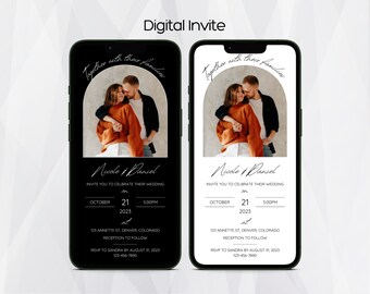 May include: A digital wedding invitation with a black background and a photo of a couple in a warm embrace. The text reads "Together with their families, Nicole & Daniel, Invite you to celebrate their wedding on October 21, 2023 at 5:00PM, 123 Annette St, Denver, Colorado, Reception to follow, RSVP to Sandra by August 31, 2023, 123-456-7890".