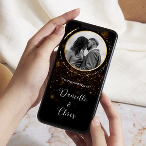 May include: A black and gold digital wedding invitation with a photo of a couple kissing. The text reads "To the wedding of Danielle & Chris".