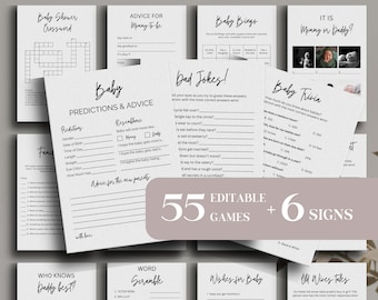 Baby Shower Games Bundle, Minimalist Baby Shower Games, Modern Baby Games, Modern Baby Shower Games, Predictions, Baby Trivia, Baby Games
