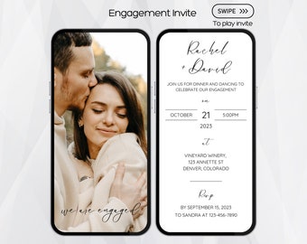 May include: A digital wedding invitation with a photo of a couple embracing. The invitation is for Rachel and David's engagement party on October 21, 2023, at 5:00 PM at Vineyard Winery in Denver, Colorado. RSVP by September 15, 2023, to Sandra at 123-456-7890.
