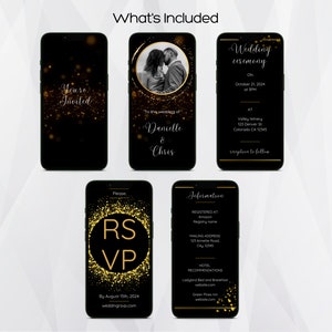May include: Four black and gold smartphone screens with text and a photo of a couple. The first screen says "You're Invited". The second screen says "To the wedding of Danielle & Chris". The third screen says "RSVP by August 15th, 2024 weddingroup.com". The fourth screen says "Wedding Ceremony on October 21, 2024 at 3PM at Valley Winery 123 Denver St Colorado CA 12345 Reception to follow".