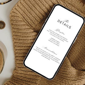 May include: A white smartphone mockup with a wedding reception details card. The card includes the text "The Details", "Reception", "Cocktails, dinner, and dancing will take place after the ceremony & 6 o'clock in the evening", "Garden Winery", "125 Oliver Street", "Denver, Colorado", "Accommodations", "A block of rooms at the Liberty Gardens Hotel has been reserved for wedding guests. Please reference the Miller wedding when booking."