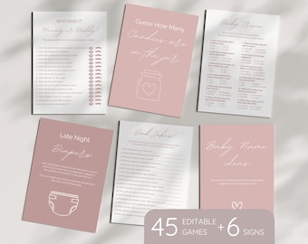 Puede incluir: Cartas de juego de baby shower imprimibles con texto rosa y blanco. Los juegos incluyen "¿Quién lo dijo Mamá o Papá?", "Adivina cuántos caramelos hay en el frasco", "Baby Trivia", "Pañales nocturnos", "Chiste de papá", y "Ideas de nombres de bebé".