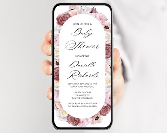 May include: A digital invitation for a baby shower, featuring a floral border with pink and white flowers. The text reads "Join us for a Baby Shower Honoring Danielle Richards September 30th, 2024 | 11am Lunch to be provided Liberty Gardens 125 Annette St. Denver, Colorado Kindly RSVP by August 30th to Sandra at 123-456-7890"