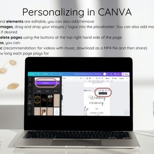 May include: A laptop computer screen displaying a Canva design template for a wedding ceremony. The screen shows a design with the text "Wedding Ceremony" and the date "October 21, 2024". The Canva interface is visible with buttons for "Add Page", "Music", and "Share".