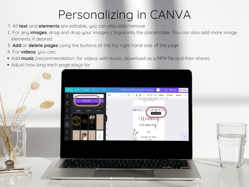 May include: A laptop computer screen displaying a Canva design template for a wedding ceremony. The screen shows a design with the text "Wedding Ceremony" and the date "October 21, 2024". The Canva interface is visible with buttons for "Add Page", "Music", and "Share".