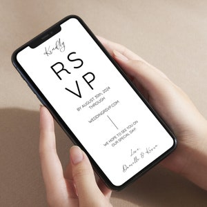 May include: A smartphone displaying a wedding RSVP request with the text "Kindly RSVP by August 30th, 2024 through weddingrsvp.com. We hope to see you on our special day! Love, Damselle & Keren."