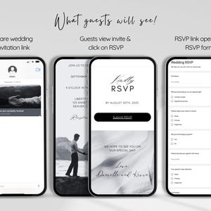 May include: A screenshot of three mobile phone screens showing a wedding invitation, RSVP page, and RSVP form. The invitation is a black and white photo of a couple's hands. The RSVP page has a white background with black text and a button that says "Submit RSVP". The RSVP form has a white background with black text and checkboxes.