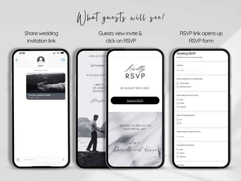 May include: A screenshot of three mobile phone screens showing a wedding invitation, RSVP page, and RSVP form. The invitation is a black and white photo of a couple's hands. The RSVP page has a white background with black text and a button that says "Submit RSVP". The RSVP form has a white background with black text and checkboxes.