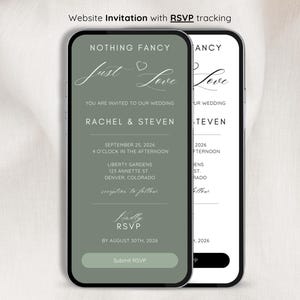 May include: A mobile phone screen displaying a wedding invitation with a green background. The invitation reads "Nothing Fancy, Just Love" and includes the names Rachel & Steven, the date September 25, 2026, and the time 4 o'clock in the afternoon. The invitation also includes the location Liberty Gardens, 125 Annette St, Denver, Colorado. The invitation includes a button that says "Submit RSVP".