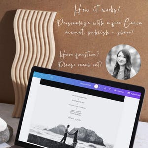 May include: A laptop computer screen displaying a wedding invitation template on Canva. The invitation features a black and white photo of a couple standing on a beach. The text on the screen reads "Join us to celebrate on September 10, 2023 at 4:00 PM.  Ceremony at The Grandview, 1234 Main Street, Somewhere, Colorado.  Reception to follow."