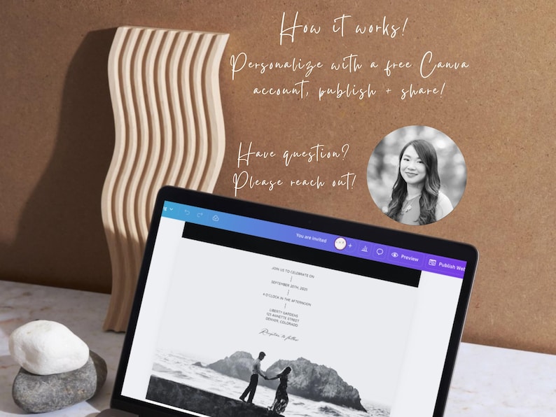 May include: A laptop computer screen displaying a wedding invitation template on Canva. The invitation features a black and white photo of a couple standing on a beach. The text on the screen reads "Join us to celebrate on September 10, 2023 at 4:00 PM.  Ceremony at The Grandview, 1234 Main Street, Somewhere, Colorado.  Reception to follow."