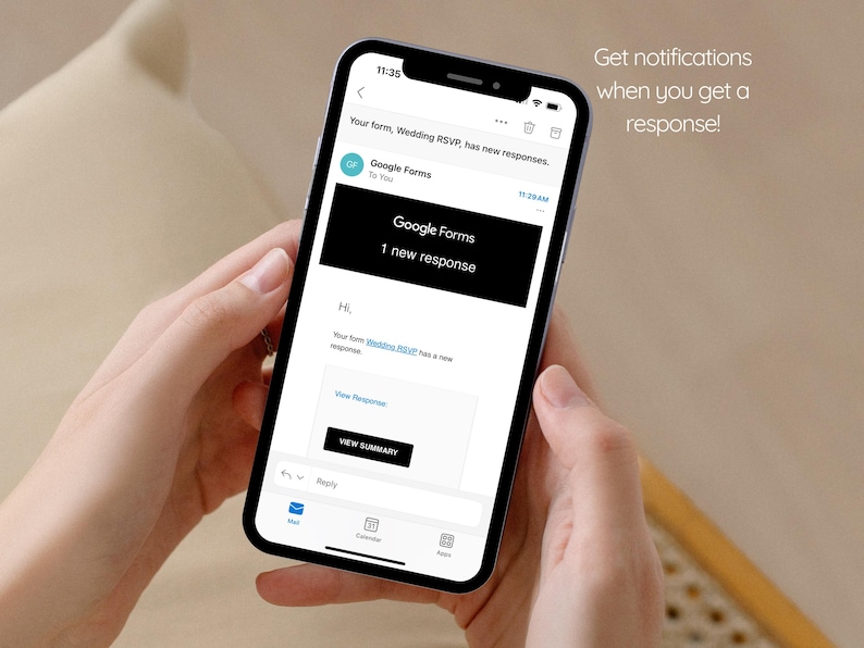 May include: A smartphone screen displaying a notification from Google Forms. The notification says "Your form, Wedding RSVP, has new responses." and "1 new response". The text "Get notifications when you get a response!" is displayed at the top of the screen.