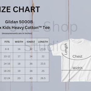 Set of 2, Gildan 5000B Unisex Kids Size Chart, 5000B Size Chart, Size Chart for Gildan 5000B, Kids T-shirt Size Chart, Gildan Size Chart