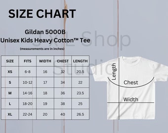 Lot de 2, Guide des tailles unisexe pour enfants Gildan 5000B, Tableau des tailles 5000B, Tableau des tailles pour Gildan 5000B, Tableau des tailles pour t-shirts enfants, Tableau des tailles Gildan