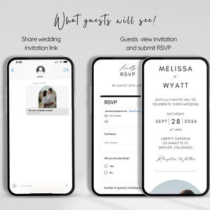 Puede incluir: La pantalla de un tel&eacute;fono m&oacute;vil que muestra una invitaci&oacute;n de boda con una foto de la pareja, el texto "Melissa Wyatt" y la fecha "Sept 28, 2026". La pantalla tambi&eacute;n muestra un formulario RSVP con campos para el nombre, el correo electr&oacute;nico y si el invitado asistir&aacute;.
