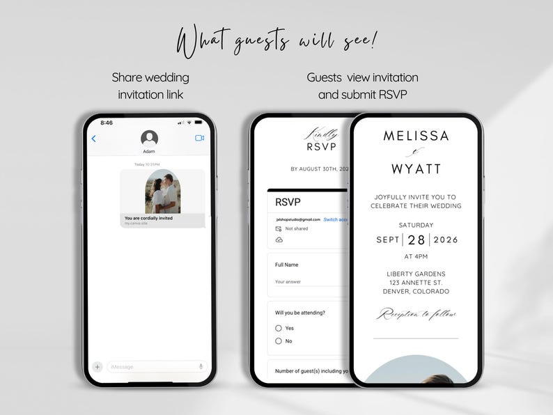 Puede incluir: La pantalla de un tel&eacute;fono m&oacute;vil que muestra una invitaci&oacute;n de boda con una foto de la pareja, el texto "Melissa Wyatt" y la fecha "Sept 28, 2026". La pantalla tambi&eacute;n muestra un formulario RSVP con campos para el nombre, el correo electr&oacute;nico y si el invitado asistir&aacute;.