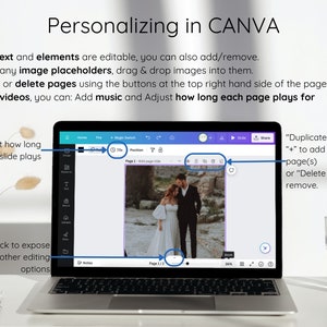 May include: A laptop computer screen displaying the Canva website. The screen shows a wedding photo with a couple in the center of the image. The screen also shows a timer set to 15 seconds. The text "Duplicate page" or "+" to add more page(s) or "Delete page" to remove. is displayed on the right side of the screen.