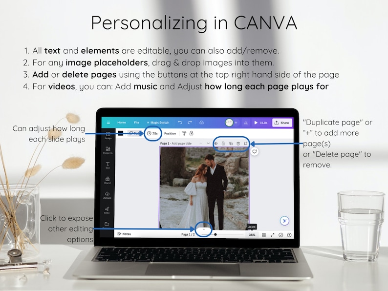 May include: A laptop computer screen displaying the Canva website. The screen shows a wedding photo with a couple in the center of the image. The screen also shows a timer set to 15 seconds. The text "Duplicate page" or "+" to add more page(s) or "Delete page" to remove. is displayed on the right side of the screen.