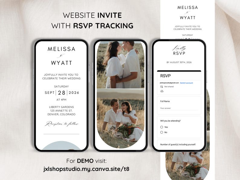 Puede incluir: La pantalla de un tel&eacute;fono m&oacute;vil que muestra una invitaci&oacute;n de boda para Melissa y Wyatt. La invitaci&oacute;n incluye la fecha, la hora y el lugar de la boda. La invitaci&oacute;n tambi&eacute;n incluye un enlace a un formulario de RSVP.