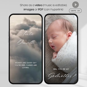 Puede incluir: La pantalla de un teléfono que muestra dos imágenes. La primera imagen es un cielo nublado con el texto "Auntie Danielle" escrito en cursiva blanca. La segunda imagen es un bebé durmiendo en una manta blanca con el texto "Will you be my Godmother?" escrito en cursiva blanca.