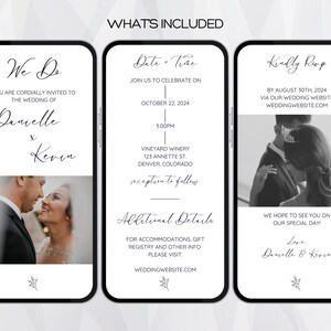 May include: Three black and white phone screens displaying wedding invitation details. The first screen reads "We Do" and features a photograph of a couple. The second screen reads "Date & Time" and includes the wedding date, time, and location. The third screen reads "Kindly RSVP" and shows a photograph of a couple.