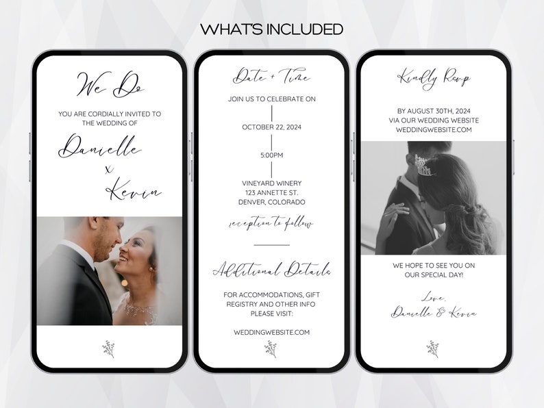 May include: Three black and white phone screens displaying wedding invitation details. The first screen reads "We Do" and features a photograph of a couple. The second screen reads "Date & Time" and includes the wedding date, time, and location. The third screen reads "Kindly RSVP" and shows a photograph of a couple.