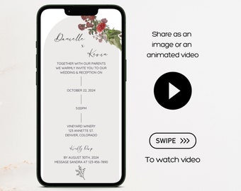 May include: A wedding invitation with a floral design. The invitation is for Danielle and Kevin's wedding on October 22, 2024 at 5:00 PM at Vineyard Winery in Denver, Colorado. RSVP by August 30th, 2024.