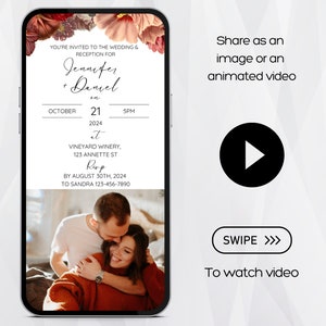 May include: A wedding invitation with floral accents, featuring the names Jennifer and Daniel, the date 21 October 2024, and the time 5 PM. The invitation also includes the location, Vineyard Winery, 123 Annette St, and the RSVP deadline of 30th August 2024. The invitation is displayed on a smartphone screen.