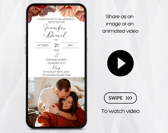 May include: A wedding invitation with floral accents, featuring the names Jennifer and Daniel, the date October 21, 2024, and the time 5 PM. The invitation also includes the location, Vineyard Winery, 123 Annette St, and the RSVP deadline of August 30th, 2024. The invitation is displayed on a smartphone screen.