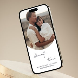 May include: A digital wedding invitation with a photo of a couple embracing. The invitation features a white background with black text that reads "Danielle x Kevin" and "We warmly invite you to our wedding & reception".
