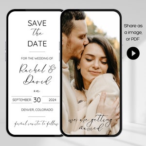 May include: A save the date announcement for a wedding. The announcement features a photo of a couple embracing, with the text "Save the Date" and "Rachel & David" in a modern font. The date of the wedding is September 30, 2024, and the location is Denver, Colorado.