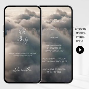 May include: A baby shower invitation featuring a cloudy sky backdrop. The text reads "Oh Baby" and "Please join us for a baby shower honouring mommy-to-be Danielle". The invitation also includes the date, time, location, and registry details.