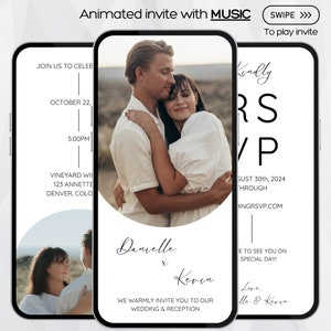 May include: A wedding invitation with a photo of a couple embracing. The invitation includes the couple's names, "Danielle & Kevin", the date "October 22", the time "5:00PM", and the location "VINEYARD WI 123 ANNETTE DENVER, COLO". The invitation also includes a RSVP link and the text "WE WARMLY INVITE YOU TO OUR WEDDING & RECEPTION".