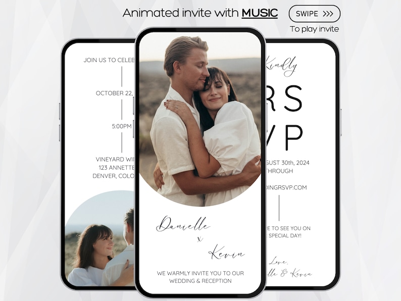May include: A wedding invitation with a photo of a couple embracing. The invitation includes the couple's names, "Danielle & Kevin", the date "October 22", the time "5:00PM", and the location "VINEYARD WI 123 ANNETTE DENVER, COLO". The invitation also includes a RSVP link and the text "WE WARMLY INVITE YOU TO OUR WEDDING & RECEPTION".