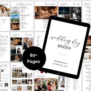 Könnte beinhalten: Ein schwarzes und weißes digitales Tablet mit dem Text "wedding day binder" in kursivschrift. Das Tablet ist umgeben von Bildern einer Hochzeit, darunter ein Paar, das sich fertig macht, eine Zeremonie, ein Empfang und ein Zeitplan. Der Text "80+ Seiten" befindet sich in einem Kreis auf dem Tablet.