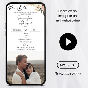 Modelo de convite de casamento digital, convite de casamento com foto, convite de casamento Boho, convite de casamento floral, convite de casamento eletrônico