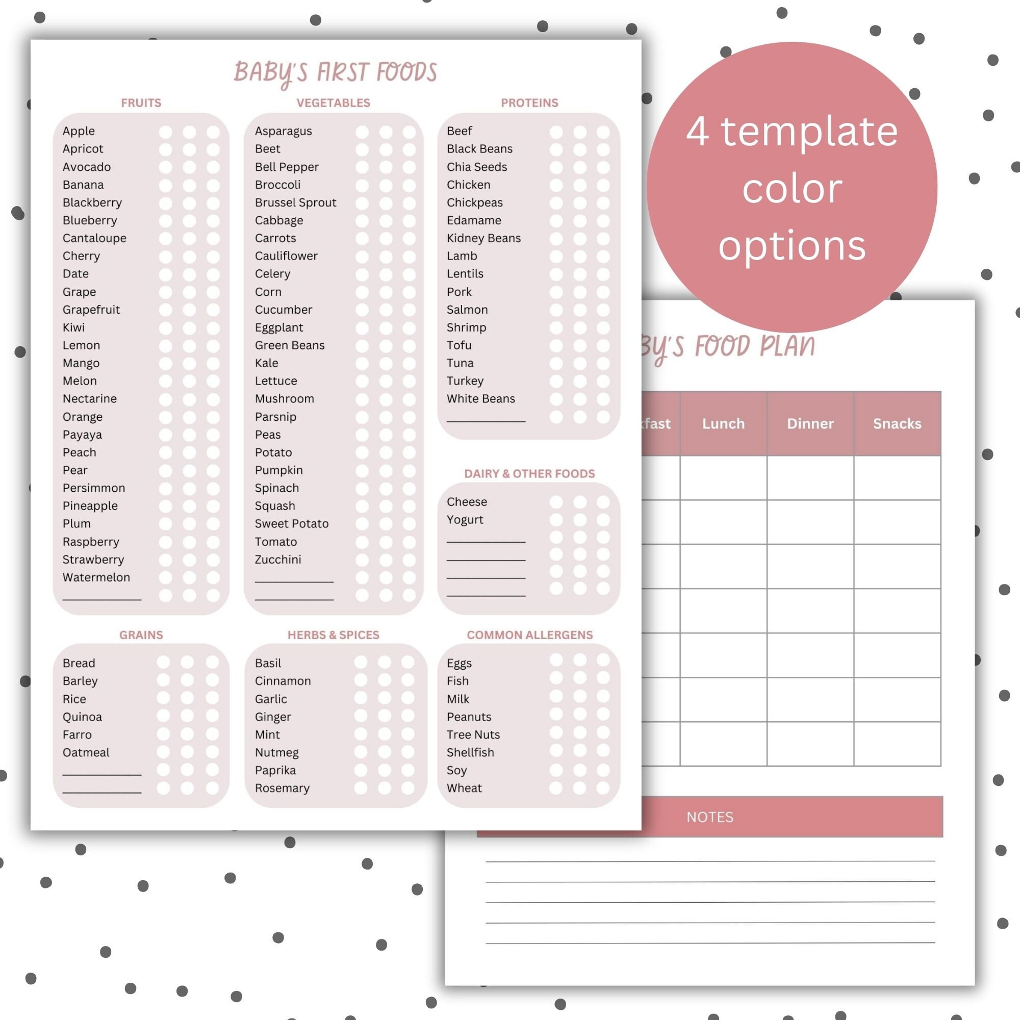 Baby's First Food Checklist,baby Food Tracker, Baby Meal Planner, Food